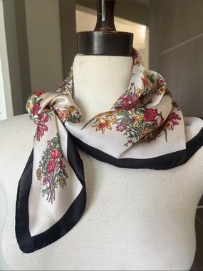 Floral Satin Scarf with Black Border - Elegant Neck Wrap